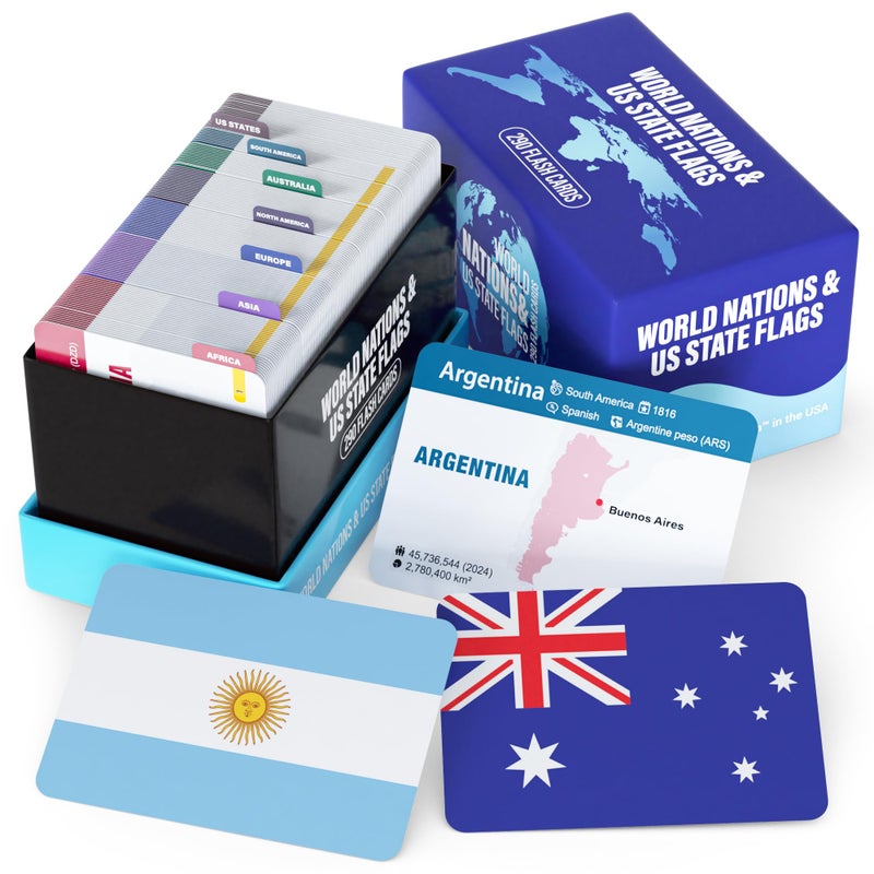 Briston World Nations & US State Flags Flash Cards â€“ 290 Geography Flashcards for Kids Teens Adults, Learn Maps Capitals Currencies Populations â€“ Educational Homeschool Classroom Travel Study Set - Image 1