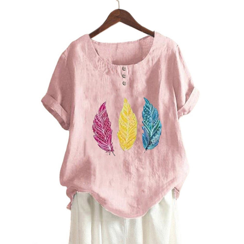New Cotton And Linen Women'S Three-Color Leaves Printed Decorative Button Loose Casual Round Neck Short Sleeve T-Shirt - Image 4