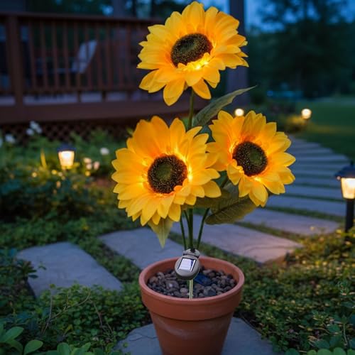 Homehop Solar Light Outdoor Garden Waterproof 30 Led 3 Sunflowers in One Plant Decoration Lamp for Outdoor, Landscape, Pathway, Balcony & Home Decor Automatic On/Off, (ABS, Pack of 1) - Image 1