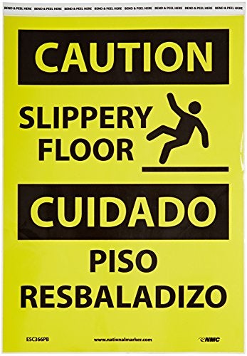 NMC ESC366PB Bilingual OSHA Sign, Legend "CAUTION - SLIPPERY FLOOR" with Graphic, 10" Length x 14" Height, Pressure Sensitive Vinyl, Black On Yellow - Image 2