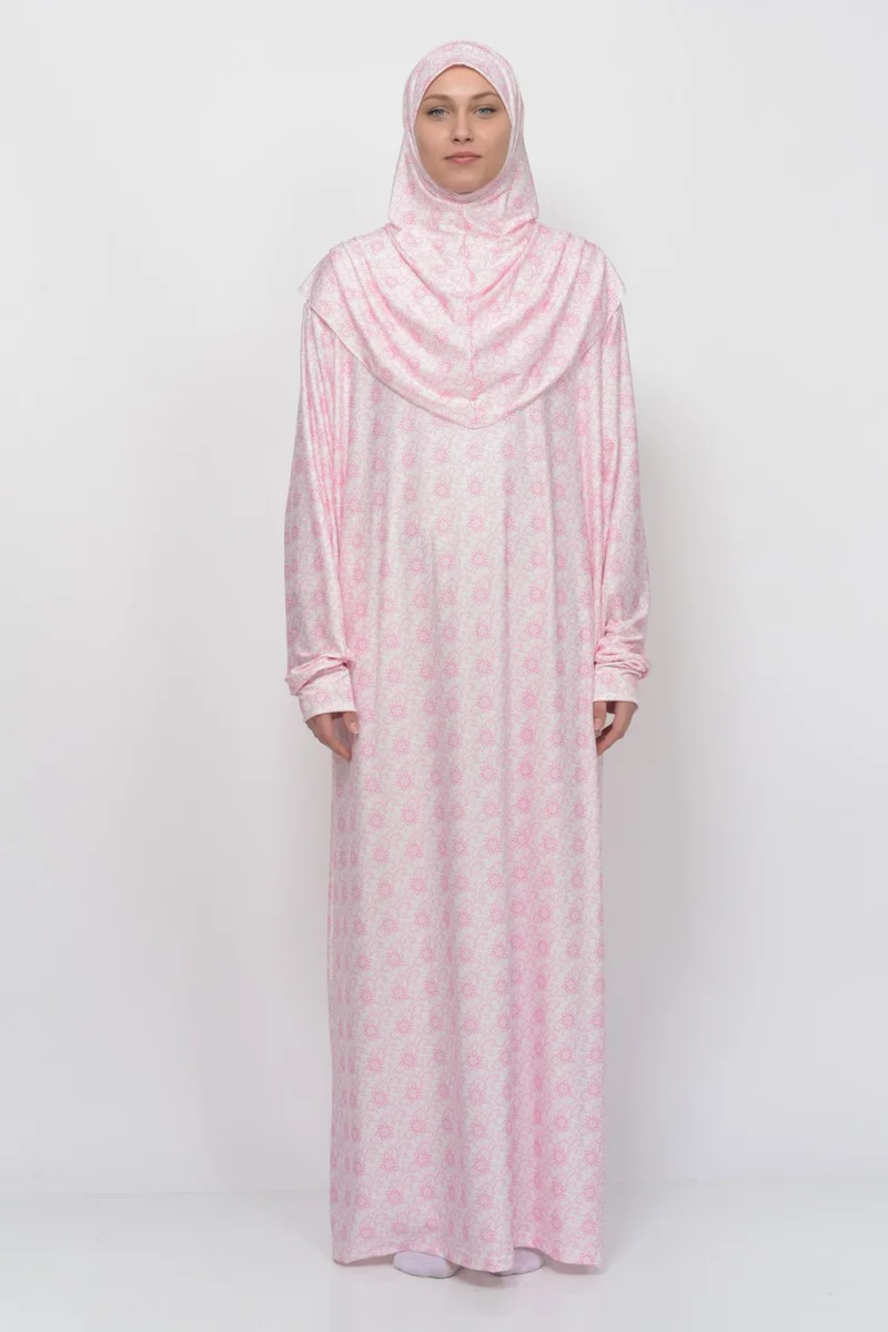 التوبة Practical One Piece Sun Patterned Sleeves Removable Headscarf Lycra Hijab Prayer Dress 990-0304