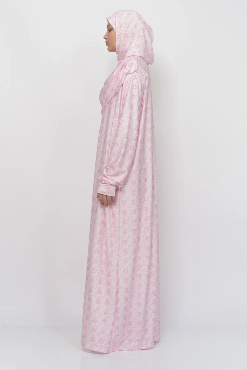 التوبة Practical One Piece Sun Patterned Sleeves Removable Headscarf Lycra Hijab Prayer Dress 990-0304