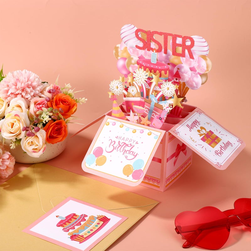 Gosknor Funny Happy Birthday Sister Pop Up Card, 3D Birthday Card with Envelope Unique Gift for Women Party Decoration Keepsake - Image 3