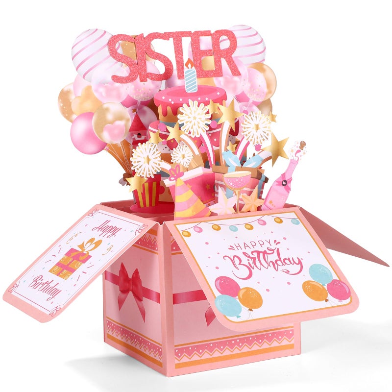 Gosknor Funny Happy Birthday Sister Pop Up Card, 3D Birthday Card with Envelope Unique Gift for Women Party Decoration Keepsake - Image 1