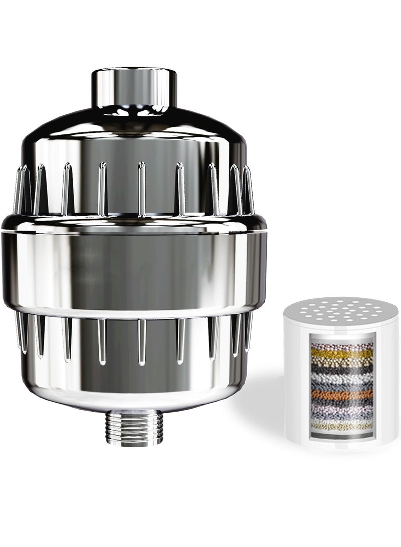 أميناك فلتر دش ب25 مرحلة، فلتر رأس الدش للمياه العسيرة مع 2 خرطوشة فلتر قابلة للاستبدال، فلاتر مياه الدش لإزالة الكلور والفلورايد، كروم مصقول - Image 1