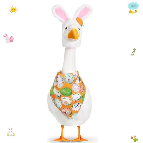 Kezzfpa Easter Porch Goose Outfit Lawn Porch Goose Clothes with Bunny Hat Egg Collar Bandana Goose Outfit for 23" High Cement or Plastic Goose Lawn Goose Clothing for Spring Easter's Day, Yard, Garden - Image 1
