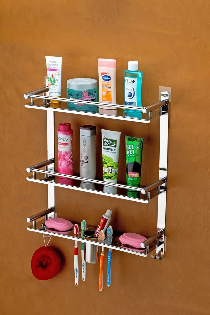 iSTAR Stainless Steel 3 Tier Wall Mounted Bathroom Shelf | Multipurpose Rack with Double Soap Dish and Toothbrush Holder | Bathroom Accessories Ideal for Shower, Tolietries, and Home (Pack of 2) - Image 3