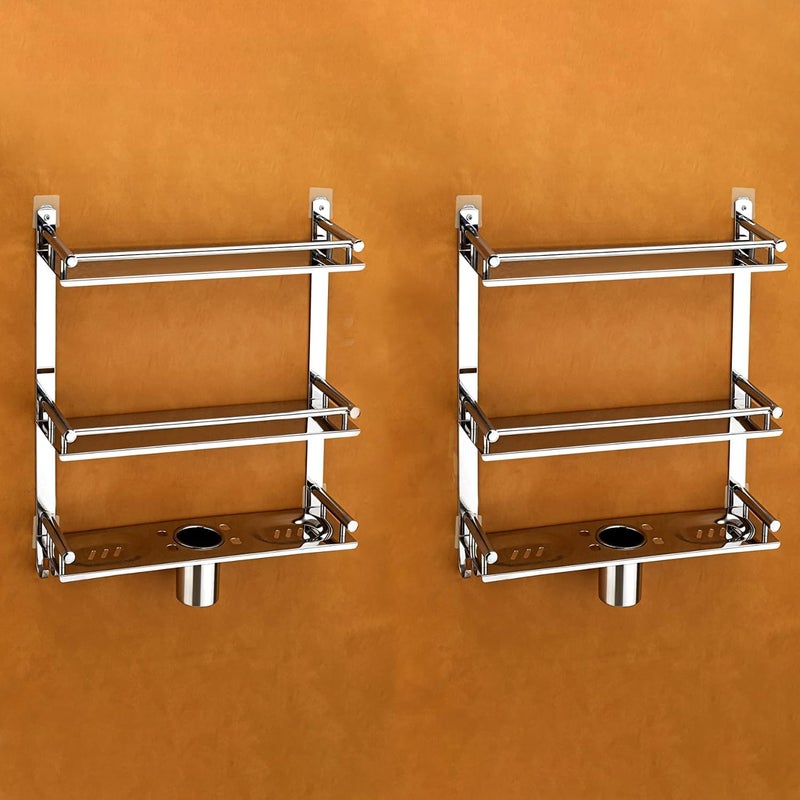 iSTAR Stainless Steel 3 Tier Wall Mounted Bathroom Shelf | Multipurpose Rack with Double Soap Dish and Toothbrush Holder | Bathroom Accessories Ideal for Shower, Tolietries, and Home (Pack of 2) - Image 1