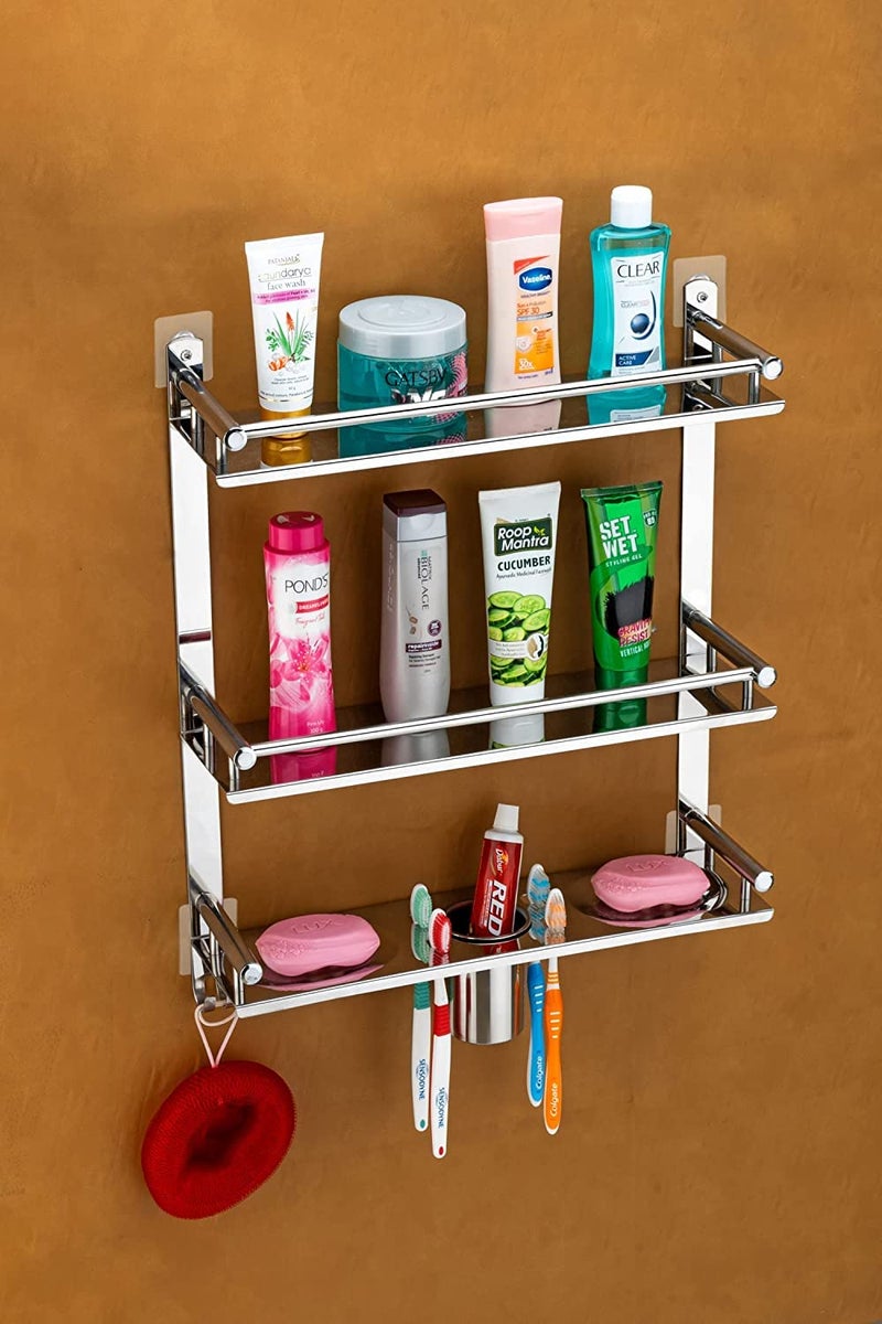 iSTAR Stainless Steel 3 Tier Wall Mounted Bathroom Shelf | Multipurpose Rack with Double Soap Dish and Toothbrush Holder | Bathroom Accessories Ideal for Shower, Tolietries, and Home (Pack of 2) - Image 5