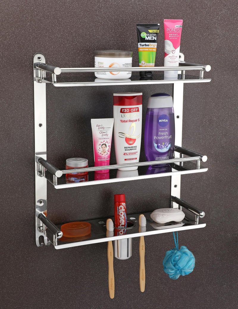 iSTAR Stainless Steel 3 Tier Wall Mounted Bathroom Shelf | Multipurpose Rack with Double Soap Dish and Toothbrush Holder | Bathroom Accessories Ideal for Shower, Tolietries, and Home (Pack of 2) - Image 2