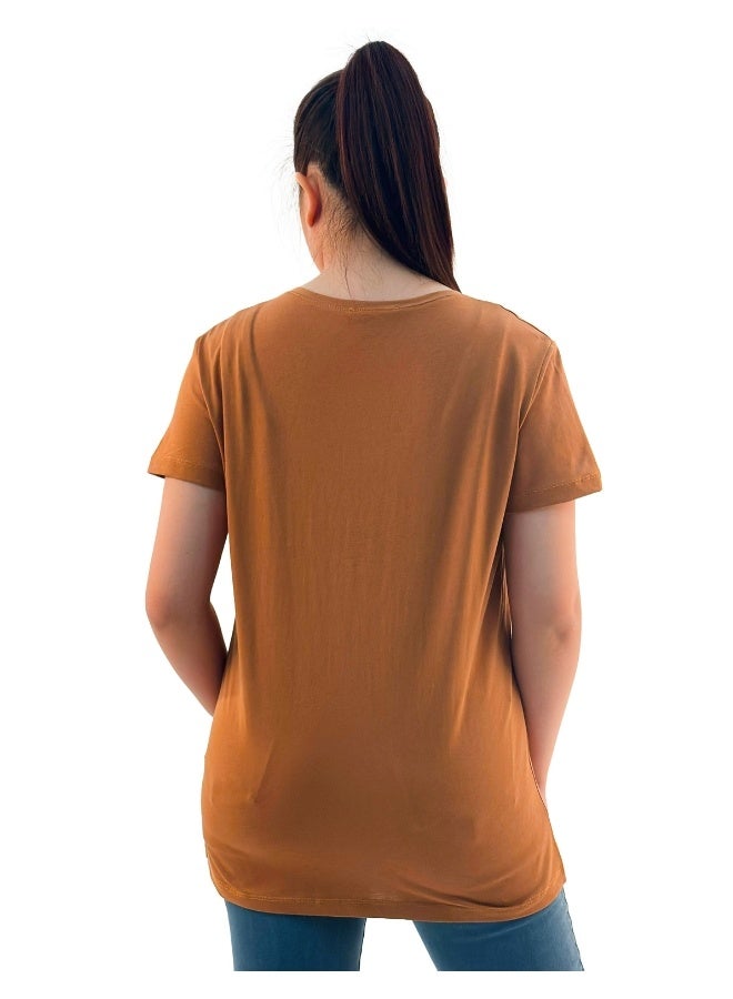 JOANNA W203010 Women's Hearts Print Round Neck Short Sleeve T-Shirt - Brown - Image 2