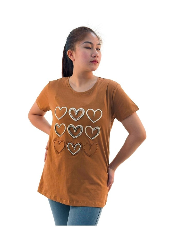 JOANNA W203010 Women's Hearts Print Round Neck Short Sleeve T-Shirt - Brown - Image 1