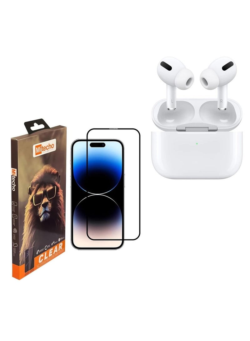 Mi Techo Apple iPhone 15 Pro full coverage tempered glass screen guard and deep bass wireless bluetooth earphone combo - Image 1