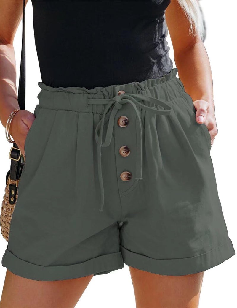 FEKOAFE Women's Drawstring Solid Beach Shorts Summer Casual Comfy Cotton Elastic Waist Pocketed Shorts Army Green Medium - Image 1