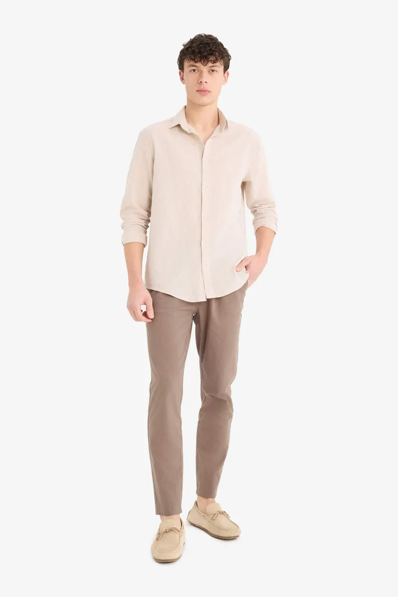 ديفاكتو Regular Fit Polo Neck Linen Summer Long Sleeve Shirt