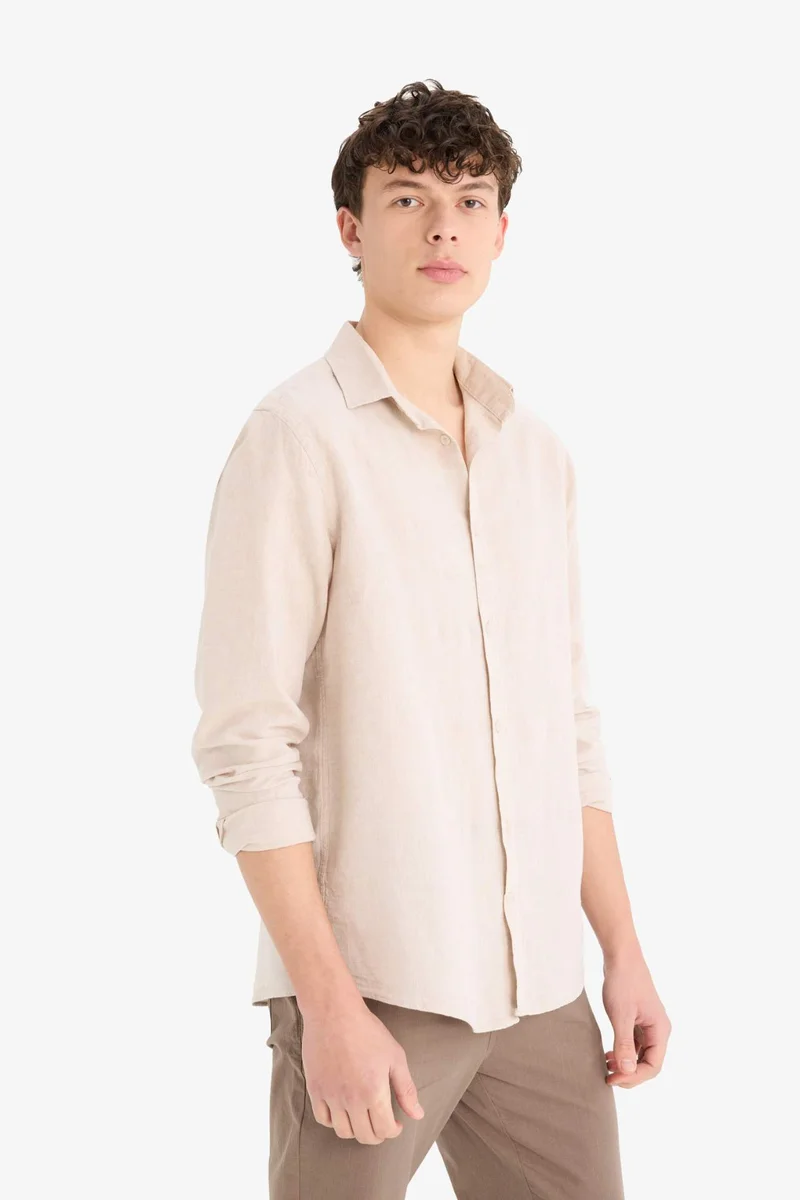 ديفاكتو Regular Fit Polo Neck Linen Summer Long Sleeve Shirt