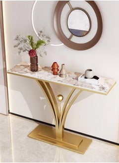 C&C Home Modern Design Rock Slab Console Table White Sintered Stone Entryway Table White and Gold Geometric Line Pedestal for Foyer Living Room Offices 100x30x80 cm  - Image 1