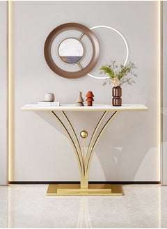 C&C Home Modern Design Rock Slab Console Table White Sintered Stone Entryway Table White and Gold Geometric Line Pedestal for Foyer Living Room Offices 100x30x80 cm  - Image 2