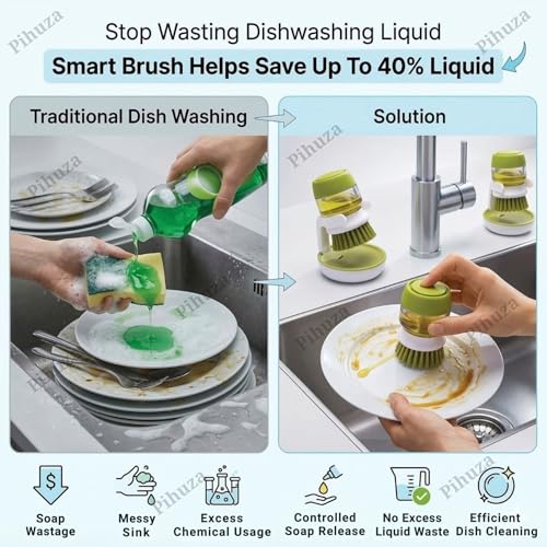 Pihuza Cleaning Brush with Soap Dispenser – Kitchen Sink Dishwashing Brush with Storage Stand | Durable Plastic Soap Dispensing Cleaning Brush for Dishes, Pots & Pans - Image 2