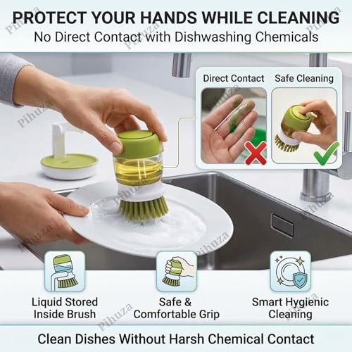 Pihuza Cleaning Brush with Soap Dispenser – Kitchen Sink Dishwashing Brush with Storage Stand | Durable Plastic Soap Dispensing Cleaning Brush for Dishes, Pots & Pans - Image 3