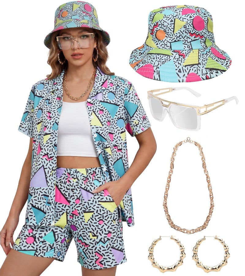 WILDPARTY 80s 90s Outfit for Women Retro Theme Party Disco Outfit Hip Hop Costume Button Up Blouse Tops Casual Short Sleeve Hawaiian Vintage 6PCS LightBlue-M - Image 1