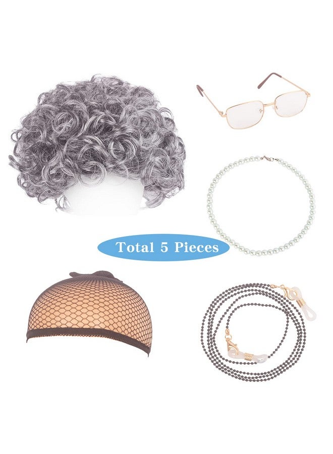 ويكين مجموعة شعر مستعار للسيدة العجوز من ويكين، زي سيدة عجوز للنساء والفتيات، زي الجدة، شعر مستعار رمادي فضي + نظارات الجدة + سلسلة تثبيت النظارات + قلادة من اللؤلؤ + غطاء شعر مستعار (5 قطع) لحفلات الهالوين التنكرية - Image 2