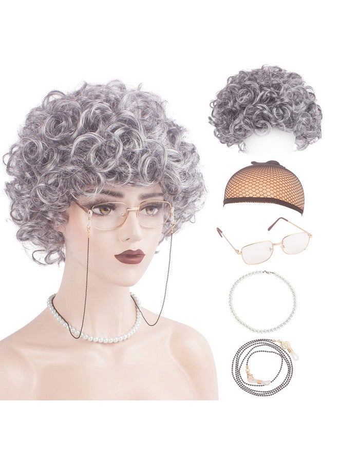 ويكين مجموعة شعر مستعار للسيدة العجوز من ويكين، زي سيدة عجوز للنساء والفتيات، زي الجدة، شعر مستعار رمادي فضي + نظارات الجدة + سلسلة تثبيت النظارات + قلادة من اللؤلؤ + غطاء شعر مستعار (5 قطع) لحفلات الهالوين التنكرية - Image 1