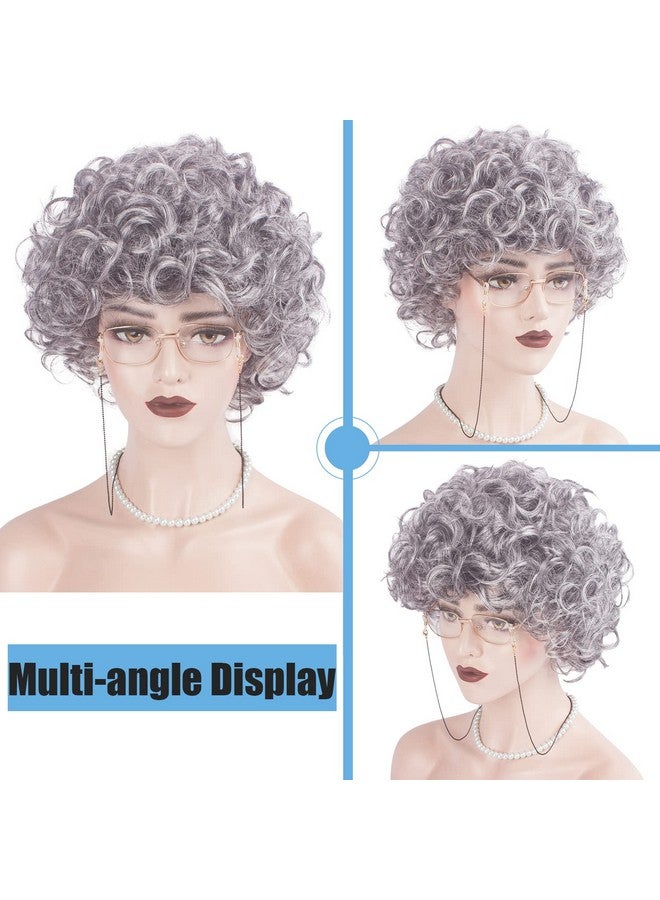 ويكين مجموعة شعر مستعار للسيدة العجوز من ويكين، زي سيدة عجوز للنساء والفتيات، زي الجدة، شعر مستعار رمادي فضي + نظارات الجدة + سلسلة تثبيت النظارات + قلادة من اللؤلؤ + غطاء شعر مستعار (5 قطع) لحفلات الهالوين التنكرية - Image 3