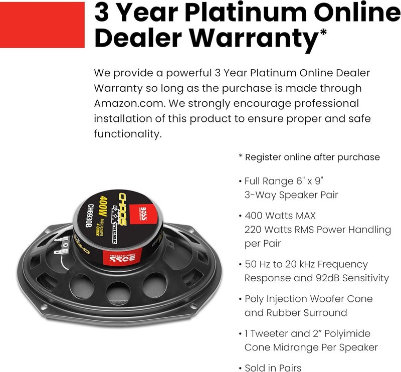 BOSS AUDIO SYSTEMS بوس أنظمة الصوت CH6930B سلسلة الفوضى مكبرات صوت أبواب السيارة 6 × 9 بوصة - 400 واط كحد أقصى، 3 طرق، صوت كامل النطاق، تويتر، متكامل، تباع في أزواج - Image 2