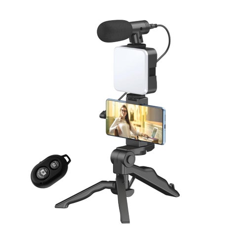 Premium 6-in-1 Vlogging Kit - Heavy-Duty Tabletop Tripod Rig - Durable High-Density Smartphone Creator Stand with Cardioid Microphone, Mini LED Light Panel & Wireless Bluetooth Camera Remote Control (Sleek Modern Matte Black Space-Saving Profile) - Manual Live Broadcasting Convenience & Studio Media Facility Asset Management Template