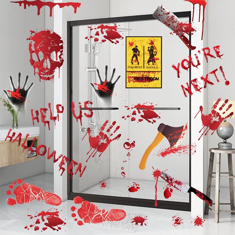 Yunfan 84Pcs Halloween Decorations Handprint Footprint Stickers Clings Decals Window Bathroom Floor Restroom Zombie Decorations Halloween Party Decor 8 Sheets - Image 2
