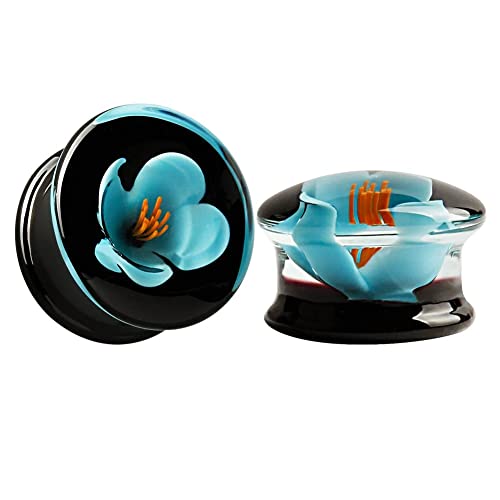 KUBOOZ(1 Pair Glass-handmade Blue Flower Ear Plugs Tunnels Gauges Stretcher Piercings 0G to 5/8" 8mm to 16mm Earrings - Image 1