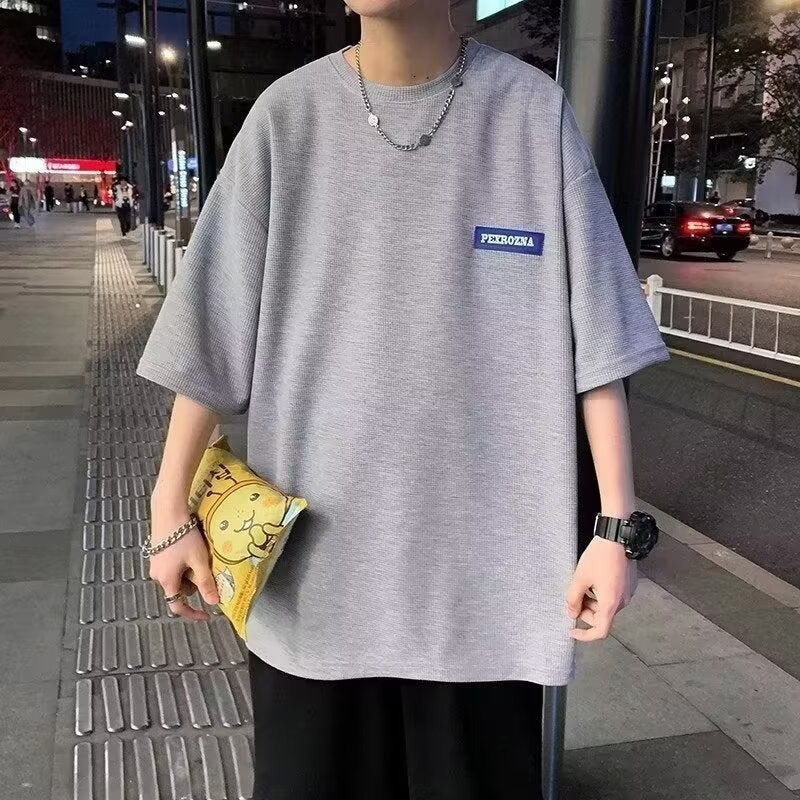 Thin Ice Silk Short-sleeved T-shirt Men's Summer 2024 New Arrival Waffle Casual Loose Half-sleeved Top Clothes Ins Trendy - Image 1