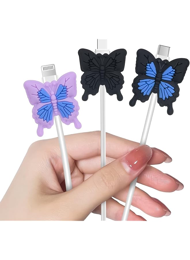S-TOP Kawaii Cable Protector for iPhone Type-c Charger,Cute Lovely Cartoon 3D Butterfly Design 3 PCS Set Silicone Phone Cable Protector,Charging Cord Protector,Cable Chomper,Charger Saver for Women Girls - Image 1