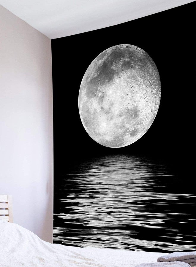LB Small Full Moon Over Ocean Tapestry Wall Hanging, Starry Night Sky Wall Tapestry, 3D Fantasy Black and White Large Moon Wall Art for Bedroom Living Room Dorm Home Decor, 40 x 60 Inches - Image 4