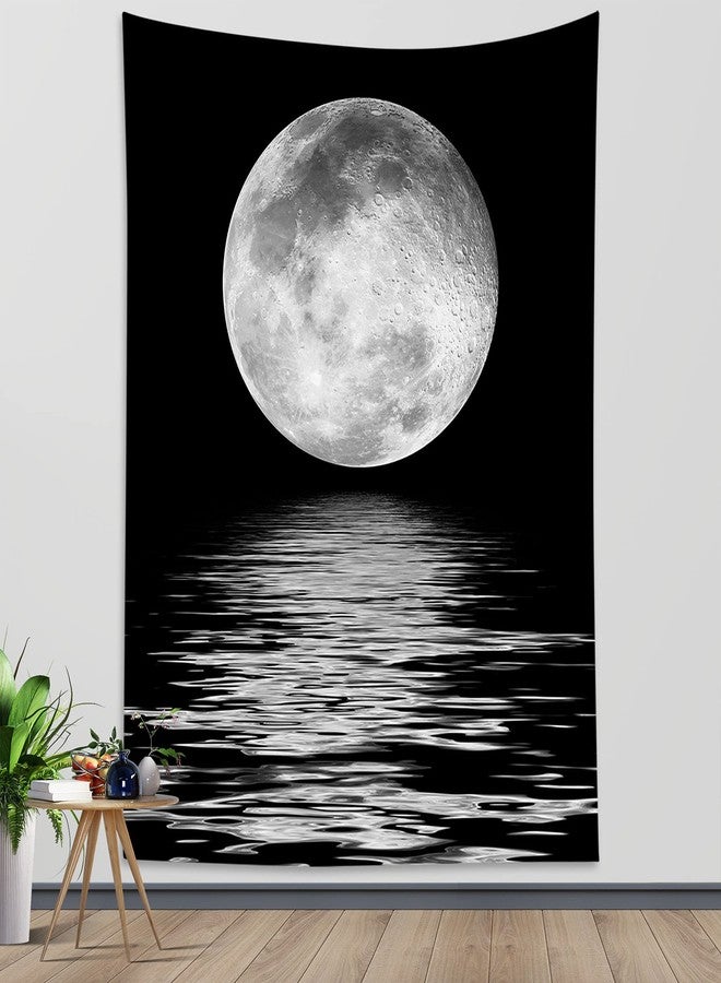 LB Small Full Moon Over Ocean Tapestry Wall Hanging, Starry Night Sky Wall Tapestry, 3D Fantasy Black and White Large Moon Wall Art for Bedroom Living Room Dorm Home Decor, 40 x 60 Inches - Image 1