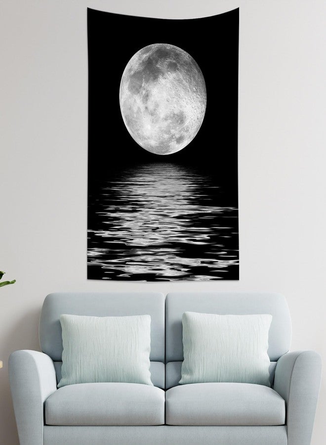 LB Small Full Moon Over Ocean Tapestry Wall Hanging, Starry Night Sky Wall Tapestry, 3D Fantasy Black and White Large Moon Wall Art for Bedroom Living Room Dorm Home Decor, 40 x 60 Inches - Image 3