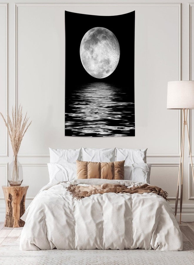 LB Small Full Moon Over Ocean Tapestry Wall Hanging, Starry Night Sky Wall Tapestry, 3D Fantasy Black and White Large Moon Wall Art for Bedroom Living Room Dorm Home Decor, 40 x 60 Inches - Image 2