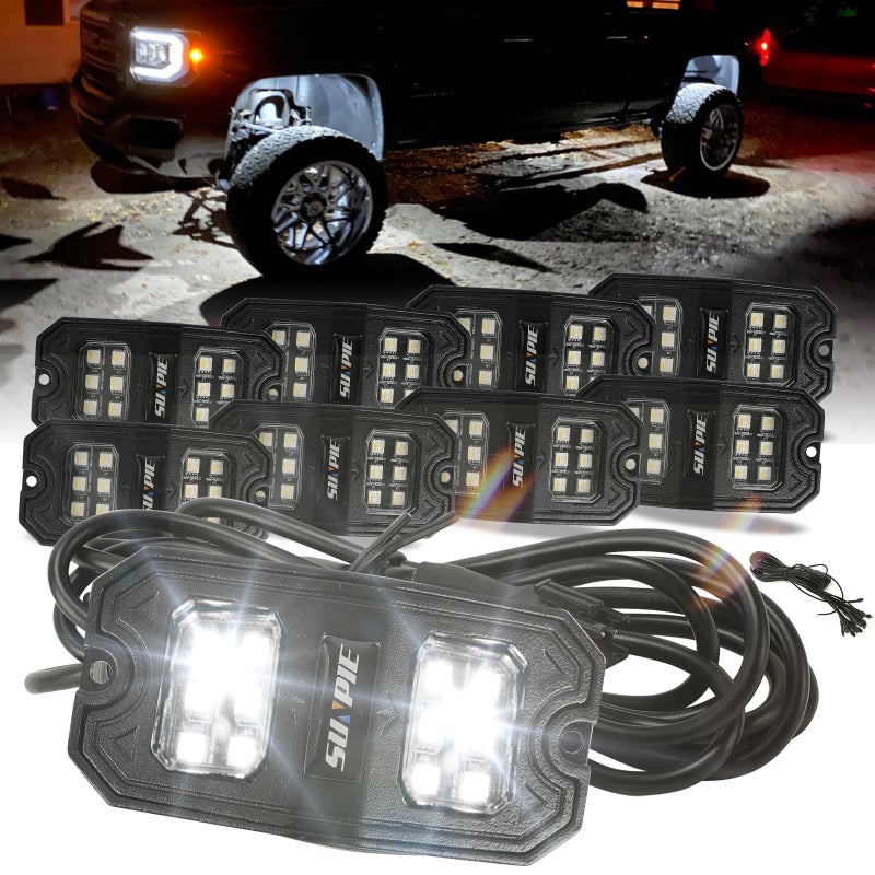 SUNPIE 8 Pods White Rock Lights Quick Connect 18 WideAngle Chips 4M Extension Wires 6000K Pure White IP67 Waterproof Fits Trucks SUV ATV UTV Trailer
