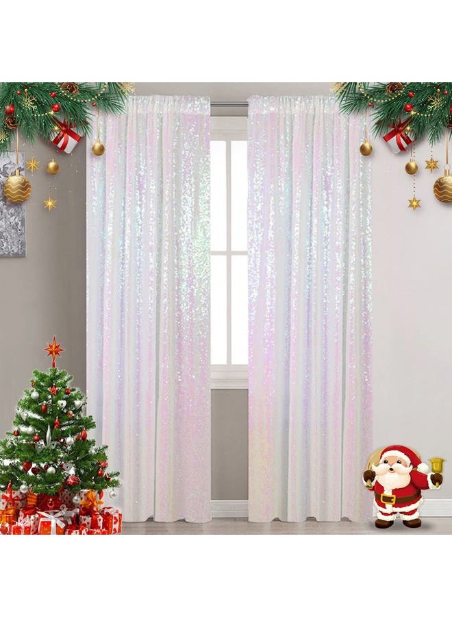 Partisout Sequin Curtains 2 Panels Iridescent White 2Ftx7Ft Sequin Backdrop Curtain 84In Lenght Glitter Wedding Backdrop Party Backdrop Curtain Payette Sequin Curtain Photo Backdrop for Christmas Decorations - Image 1