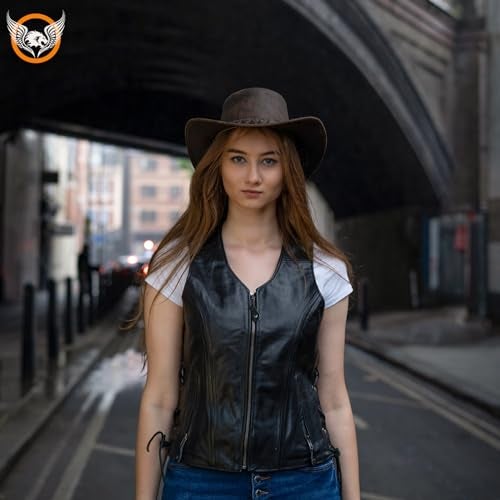 Leatherick Women Top Grain Genuine Buffalo Black Ladies Leather Vests for Motorcycle Bikers (as1, alpha, x_l, regular, regular, Black (Plain), XL) - Image 2