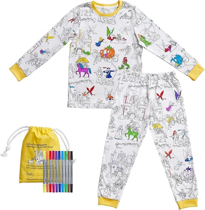eatsleepdoodle Kids Coloring Pajama Set DIY Wearable Art Fairy Tale Pajamas for Girls Includes Washable Markers Fun Creative Sleepwear for Art Playtime Cotton Reusable Gift Idea for kids - Image 1