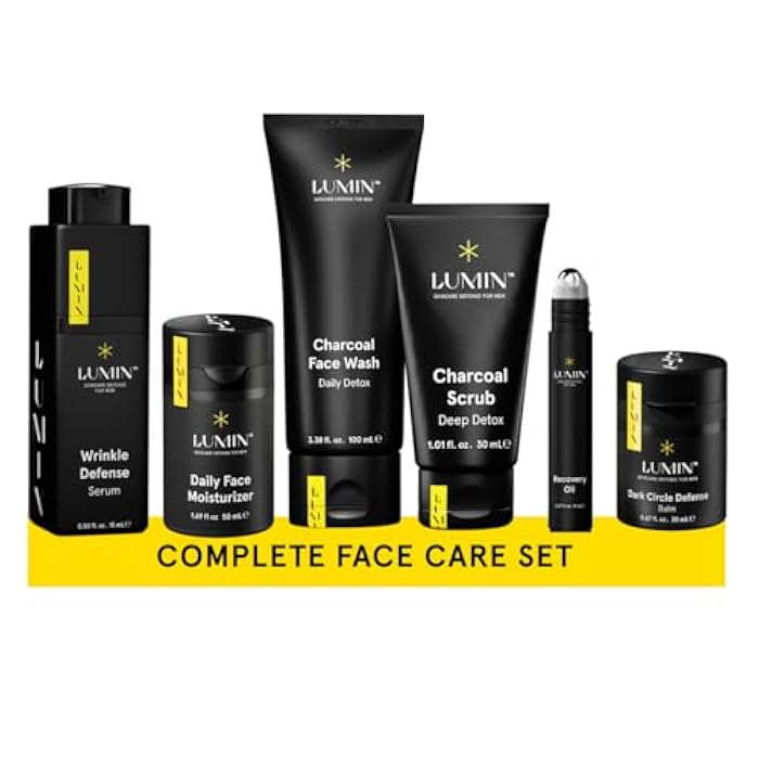 Lumin - Complete Set Men's skincare Routine includes: Charcoal Face Wash, Charcoal Scrub, Face Moisturizer, Wrinkle Serum, Recovery Oil & Dark Circle Defense Balm - Image 1