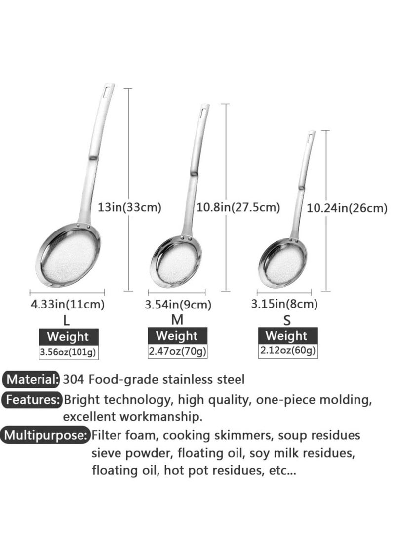 Sieve Fine Mesh Strainer Set, 3 Pack Stainless Steel Metal Flat Cooking Skimmer Ladle Colander with Handle Food Strainer Kitchen Tools for Kitchen Baking Oil Filter Flour Sifter Foam - Image 5