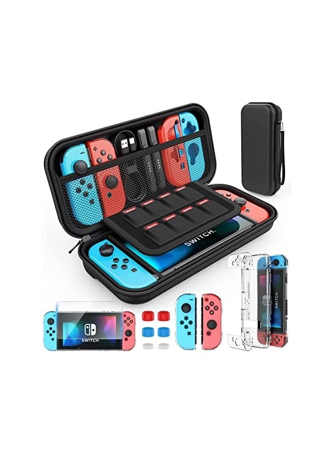 بروماس حافظة سويتش متوافقة مع نينتندو سويتش، مجموعة ملحقات 9 في 1 مع حقيبة حمل، حافظة واقية قابلة للإرساء، واقي شاشة عالي الدقة و6 قطع من أغطية مقابض الإبهام - Image 1