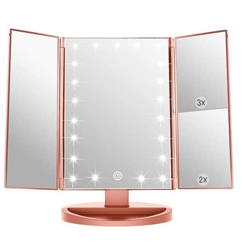 Infitrans 3 Folds Lighted Vanity Makeup Mirror1X2X3X Magnification 21 LED Light Bright Table Mirror with Touch Screen180 Adjustable RotationPortable Travel Cosmetic Mirror
