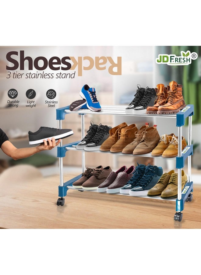 JD FRESH Shoe Rack/Stainless Steel Shoe Stand with Wheel/Movable Shoe Rack for Home/Multi-Purpose Footwear Stand/Books/Newspaper/Plants - 3 Tier (Silver and Blue) - Image 3