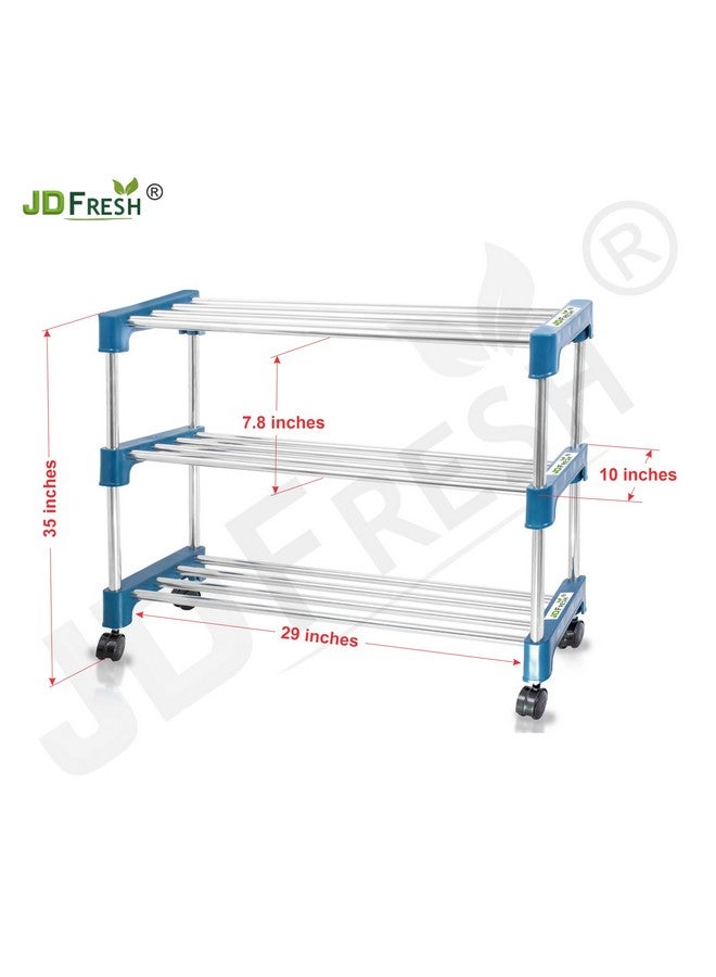 JD FRESH Shoe Rack/Stainless Steel Shoe Stand with Wheel/Movable Shoe Rack for Home/Multi-Purpose Footwear Stand/Books/Newspaper/Plants - 3 Tier (Silver and Blue) - Image 2
