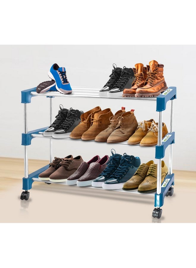 JD FRESH Shoe Rack/Stainless Steel Shoe Stand with Wheel/Movable Shoe Rack for Home/Multi-Purpose Footwear Stand/Books/Newspaper/Plants - 3 Tier (Silver and Blue) - Image 1