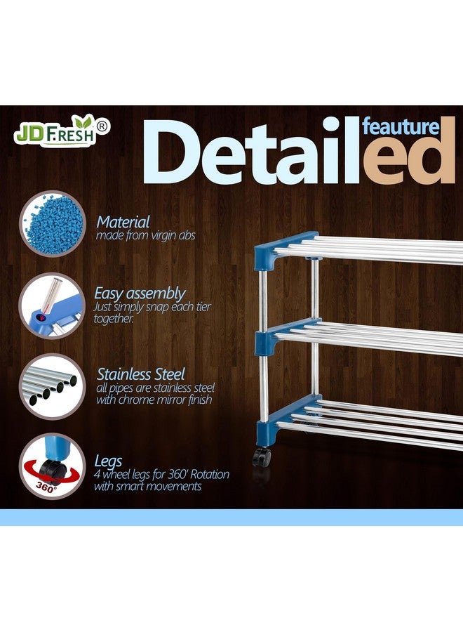 JD FRESH Shoe Rack/Stainless Steel Shoe Stand with Wheel/Movable Shoe Rack for Home/Multi-Purpose Footwear Stand/Books/Newspaper/Plants - 3 Tier (Silver and Blue) - Image 4